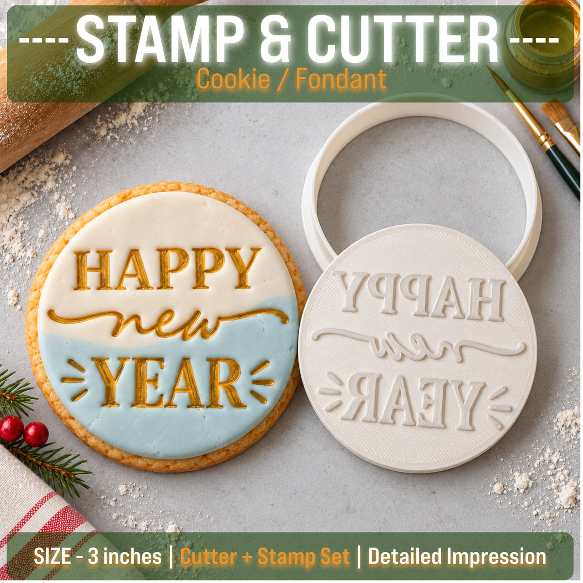 Happy New Year Cookie Stamp & Cutter Set – 3 Inch SKU - CN_SC_04