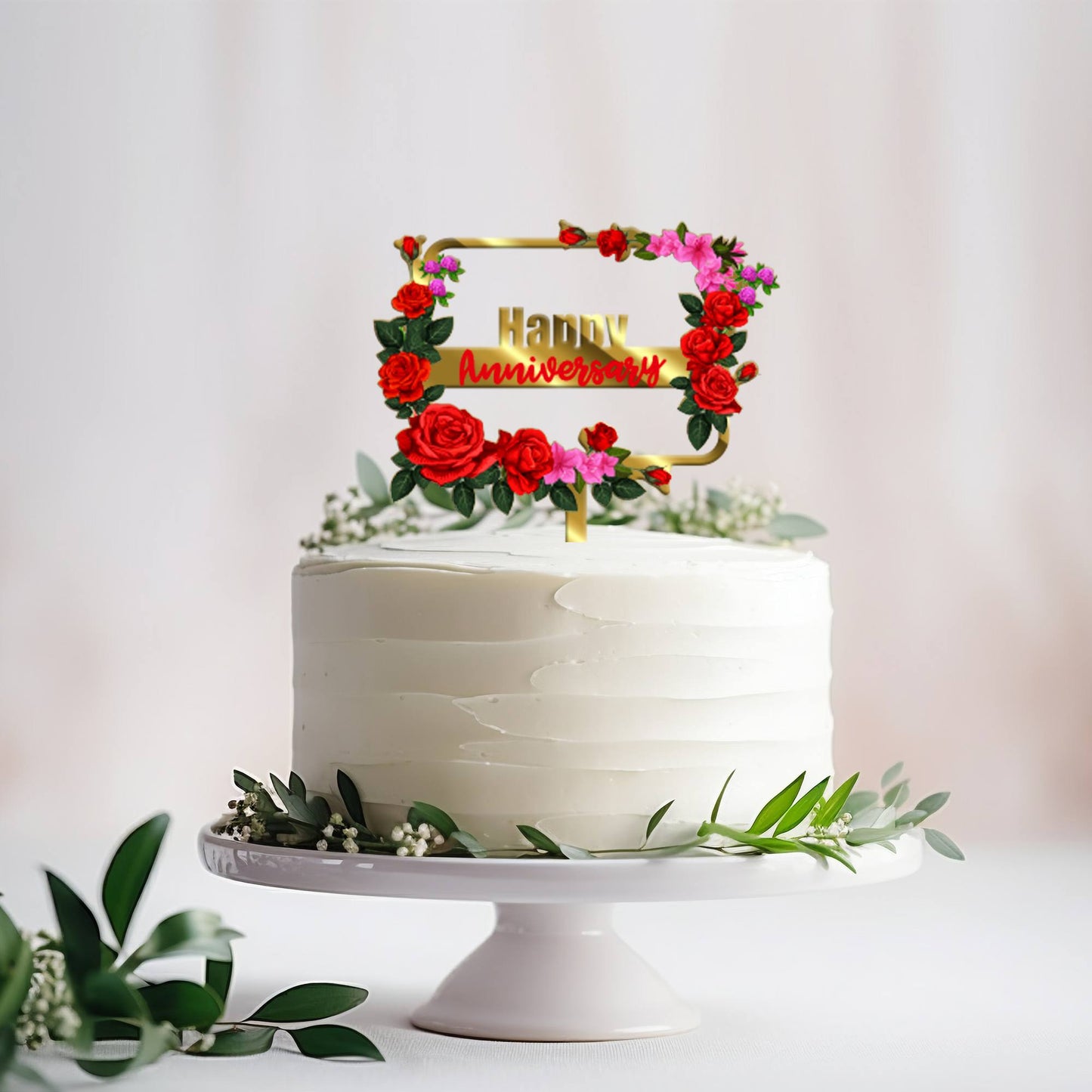 Happy Anniversary Acrylic Cake Topper Frame Floral, Size - Medium, SKU-TR10490