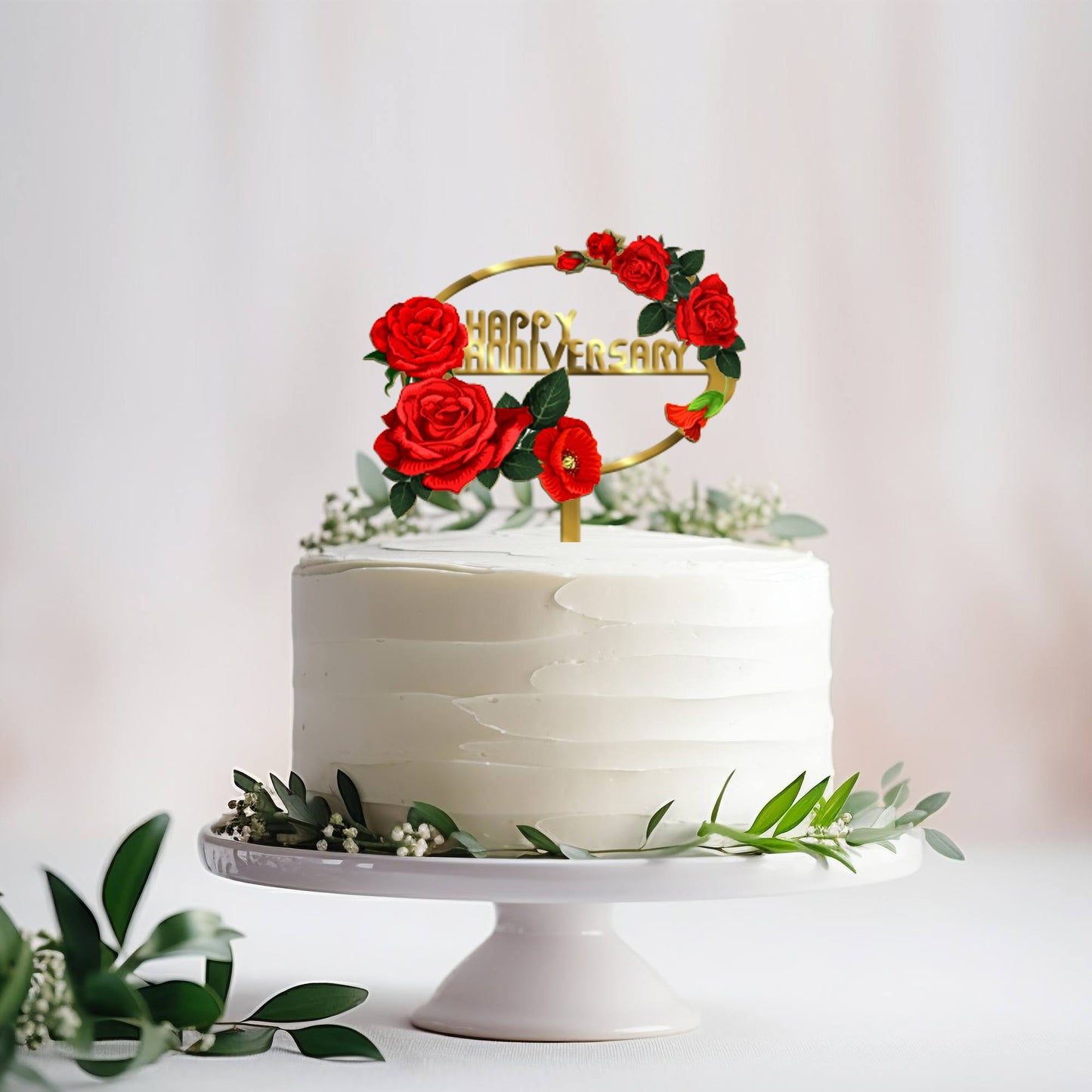 Happy Anniversary Acrylic Cake Topper Frame Floral, Size - Medium, SKU-TR10491