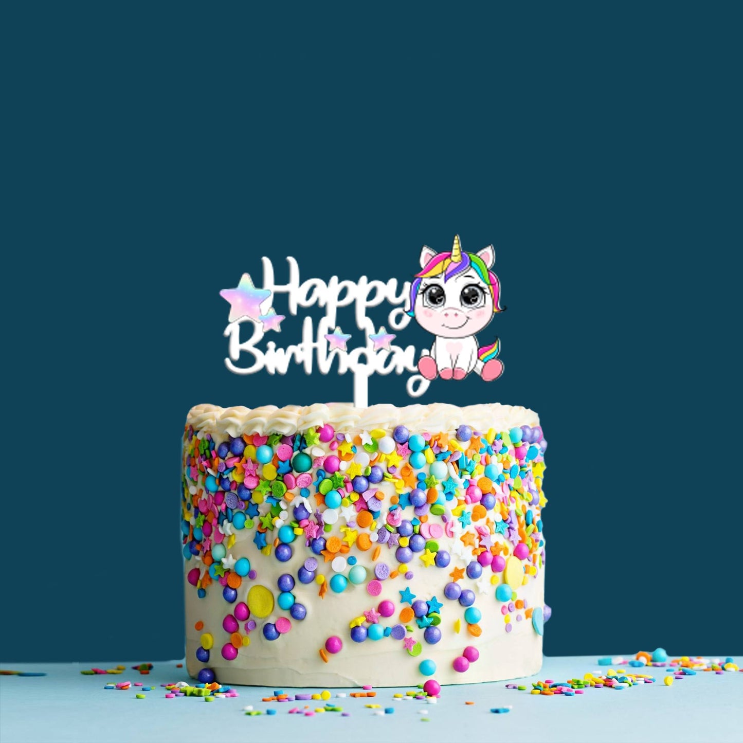 Happy Birthday Acrylic Cake Topper Unicorn Stars, Size - Medium, SKU-TR10509