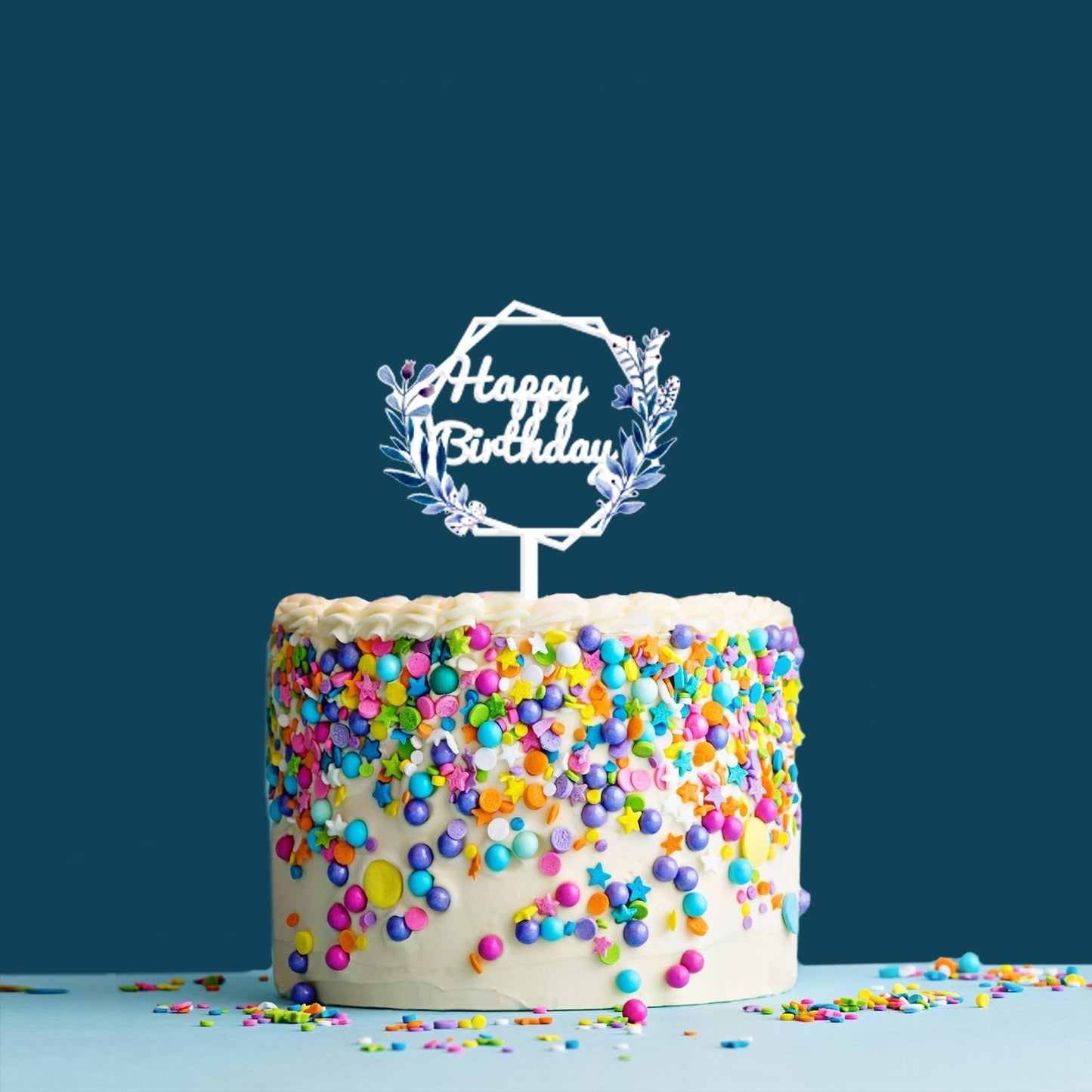 Happy Birthday Acrylic Cake Topper Frame Floral, Size - Medium, SKU-TR10512