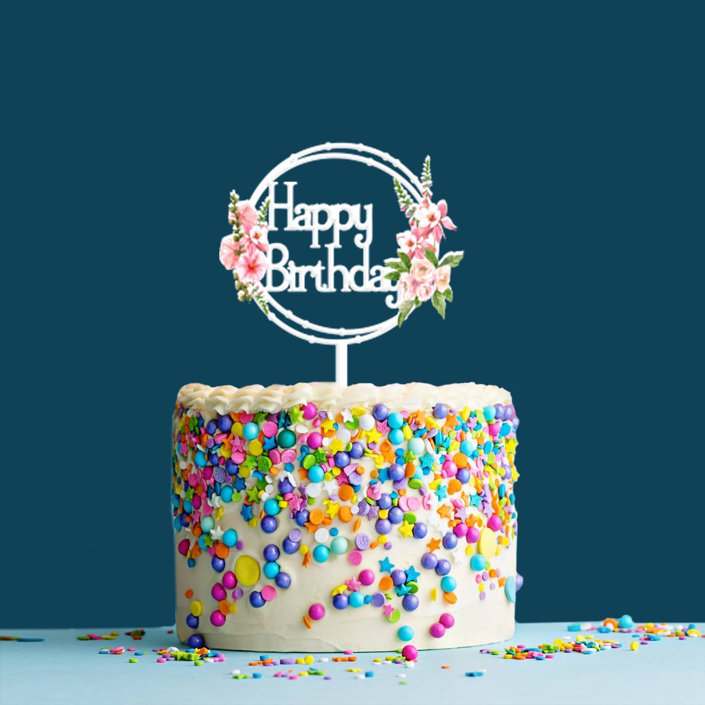 Happy Birthday Acrylic Cake Topper Frame Floral, Size - Medium, SKU-TR10514