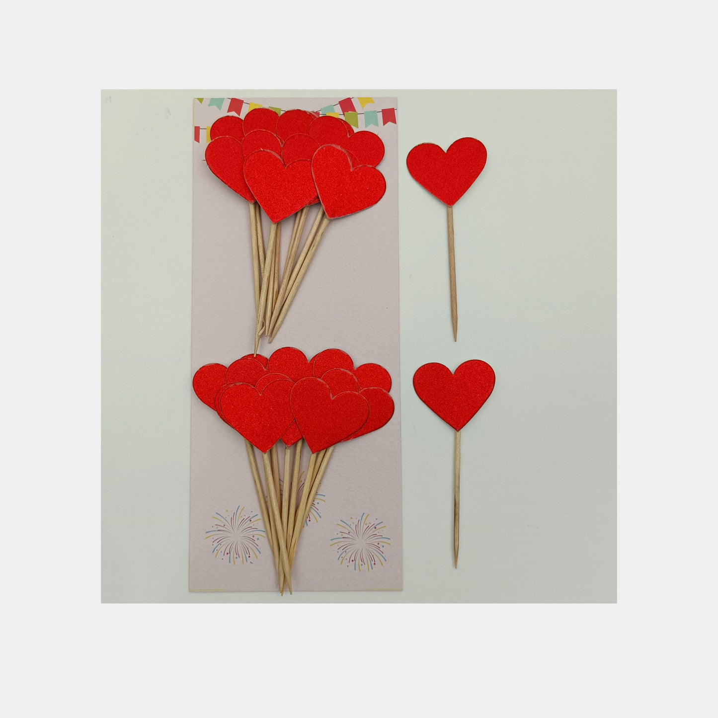 Heart Shape Cake Toppers Insert Cards with Toothpick Cupcake Decorations - Red Glitter