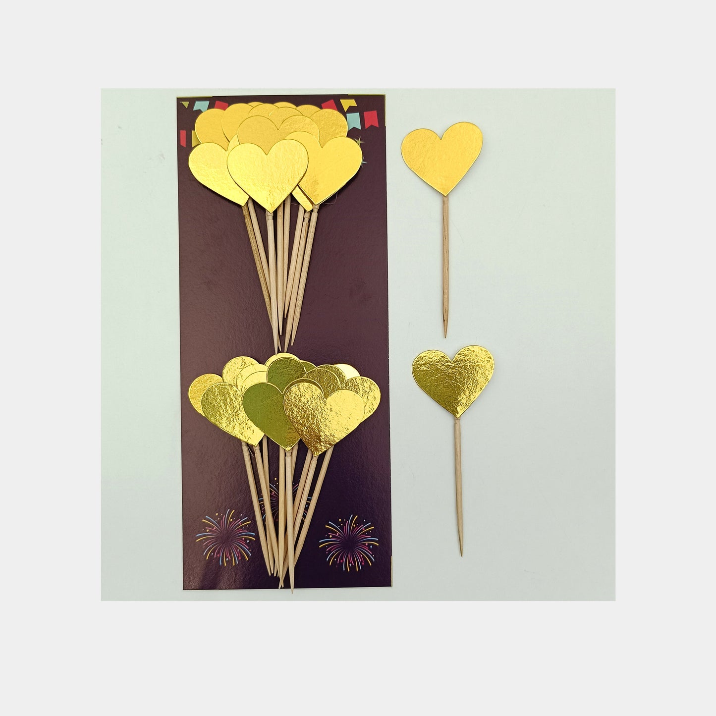 Heart Shape Cake Toppers Insert Cards with Toothpick Cupcake Decorations - Gold Glossy
