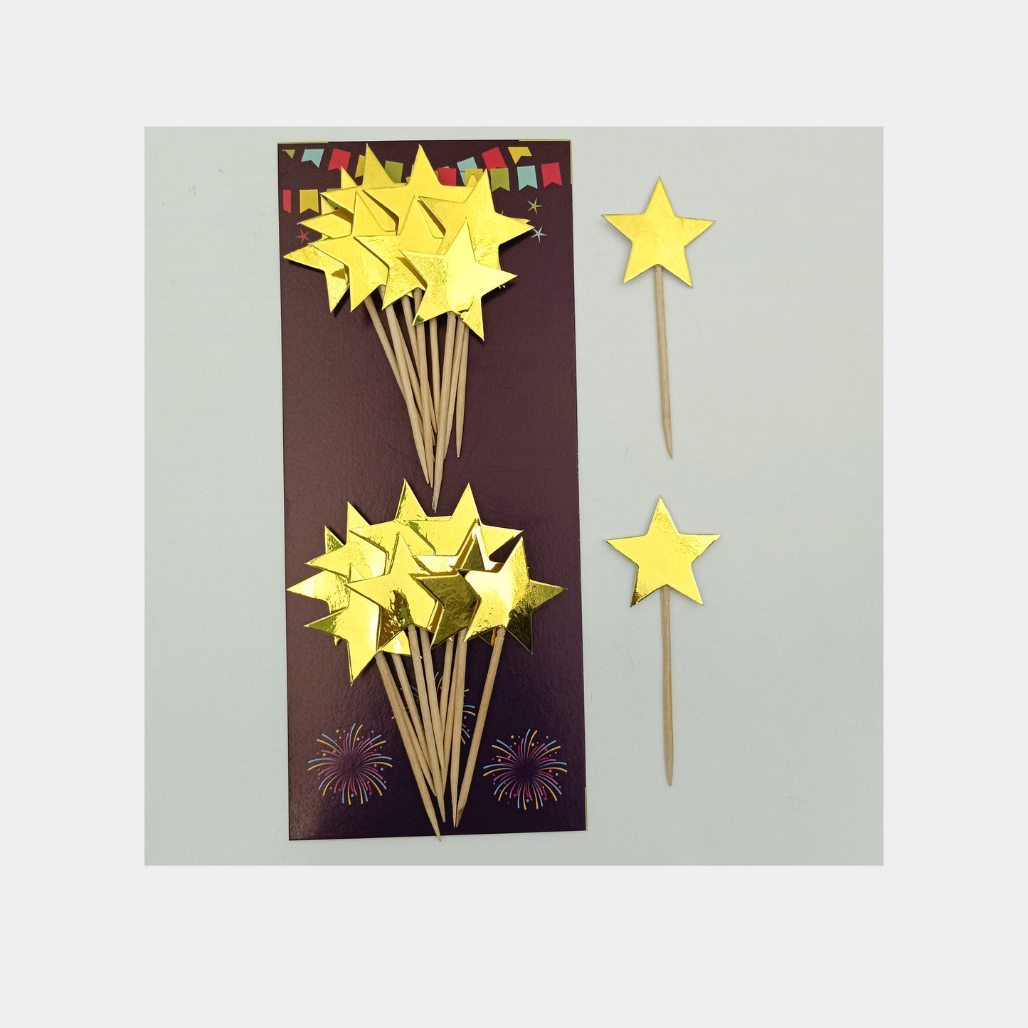Star Shape Cake Toppers Insert Cards with Toothpick Cupcake Decorations - Gold Glossy