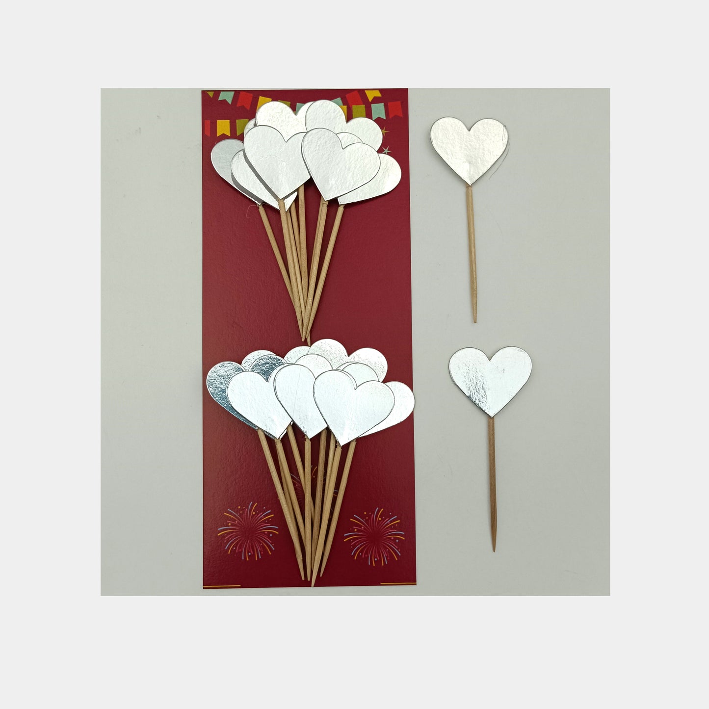 Heart Shape Cake Toppers Insert Cards with Toothpick Cupcake Decorations - Silver Glossy