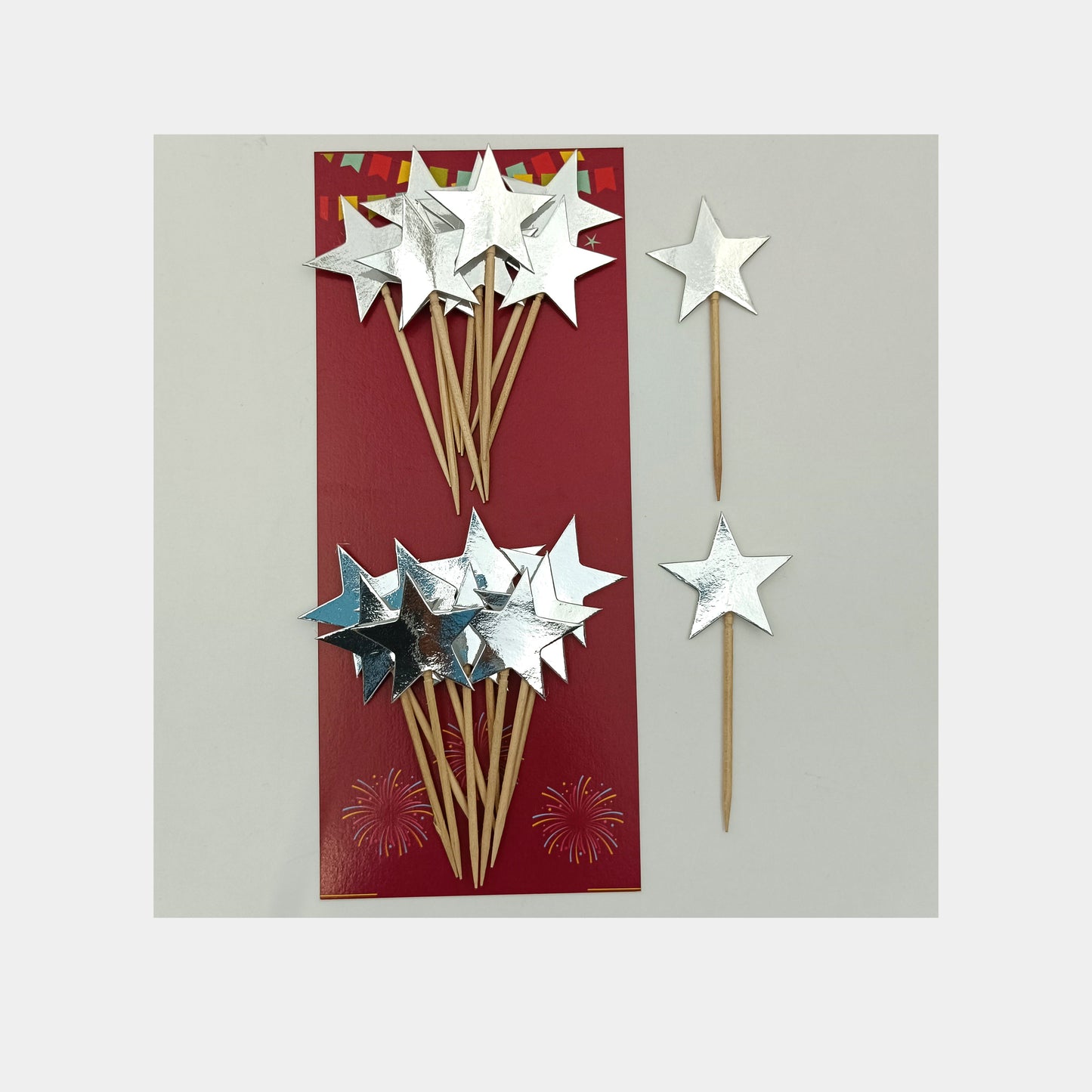 Star Shape Cake Toppers Insert Cards with Toothpick Cupcake Decorations - Silver Glossy
