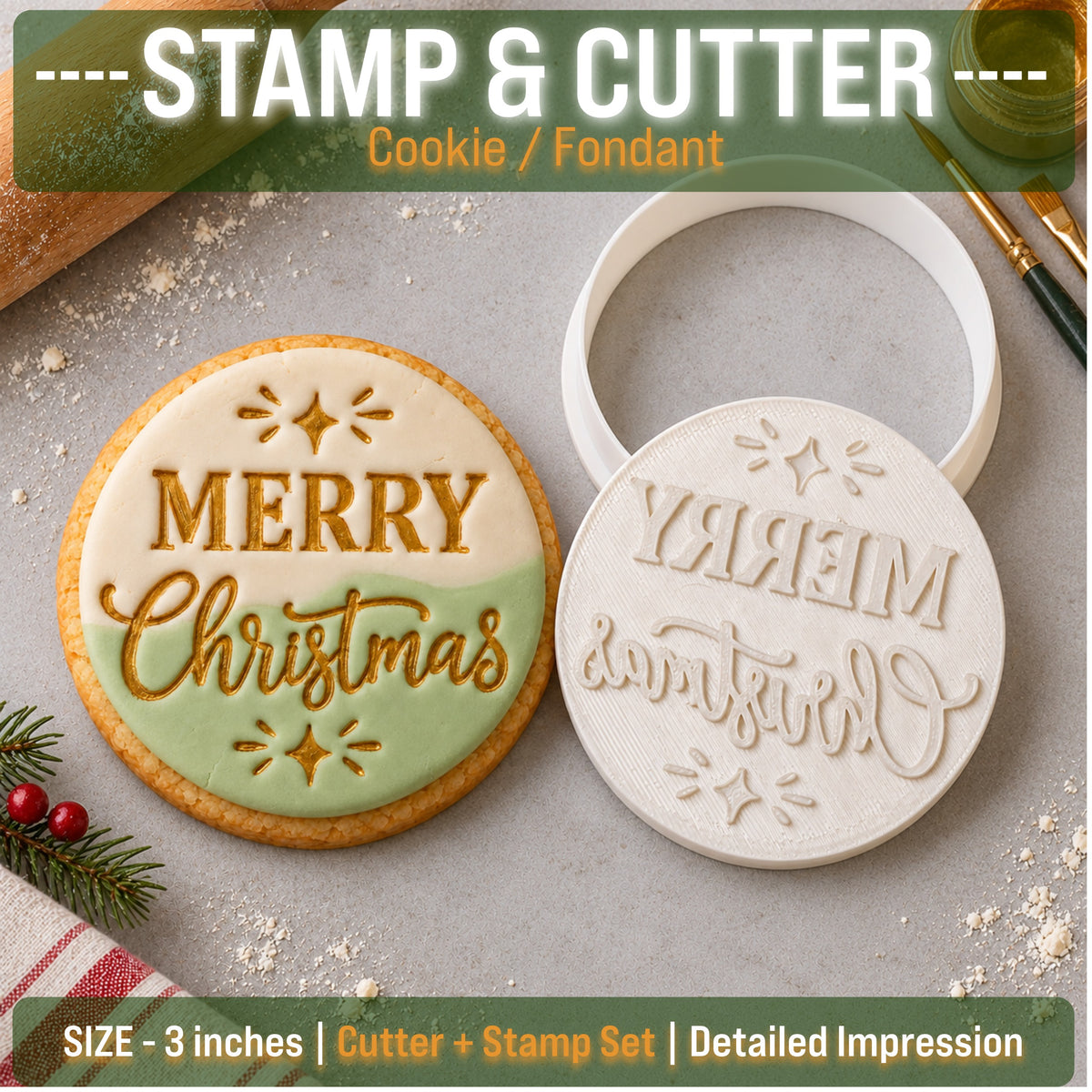 Merry Christmas Cookie Stamp & Cutter Set – 3 Inch SKU - CN_SC_02