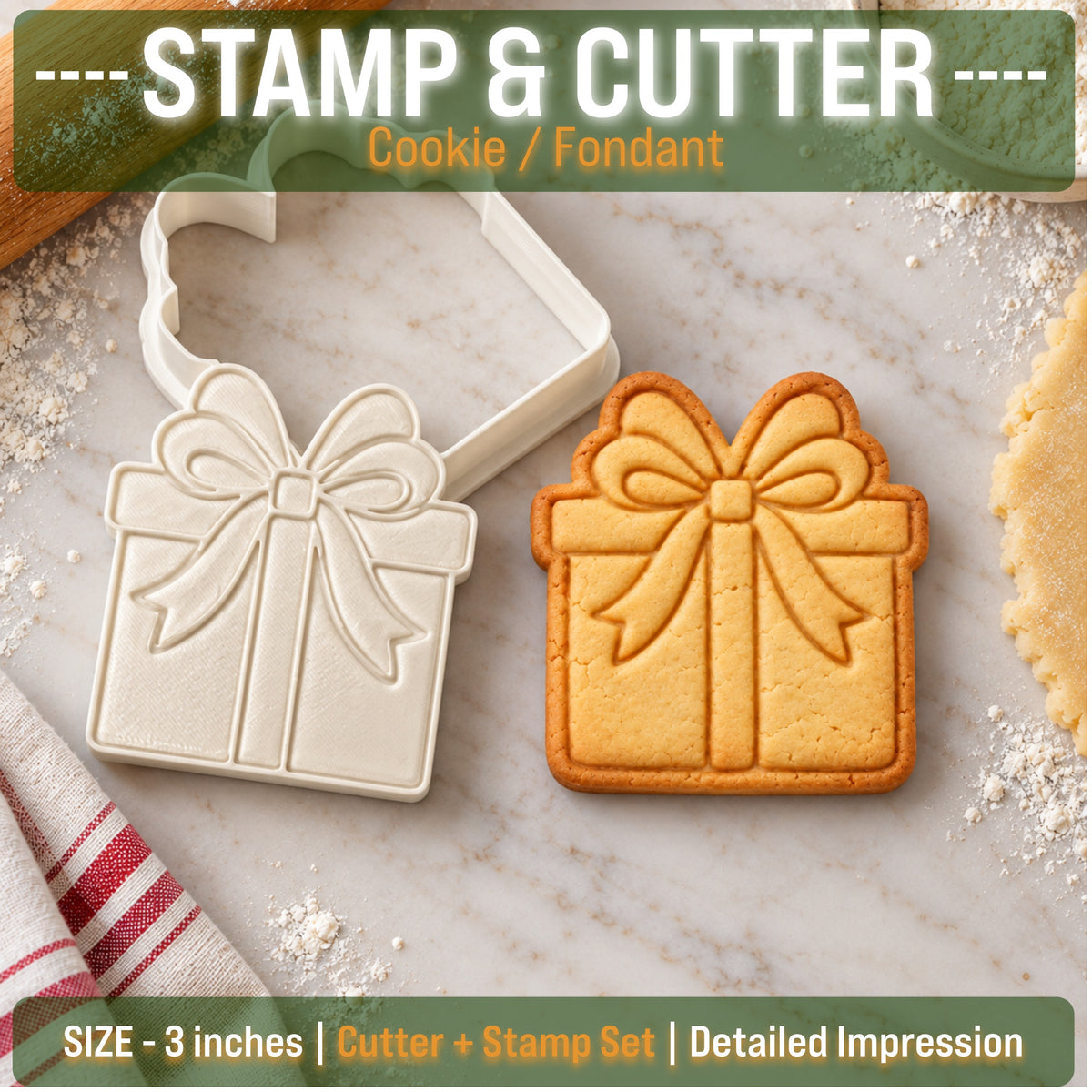 Christmas Gift Box Cookie Stamp & Cutter Set – 3 Inch SKU - CN_SC_10