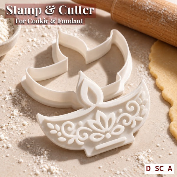 Diya Stamp & Cutter Set Size - 3 Inch | Cut, Stamp & Create Detailed Festive Cookies. SKU-D_SC_A