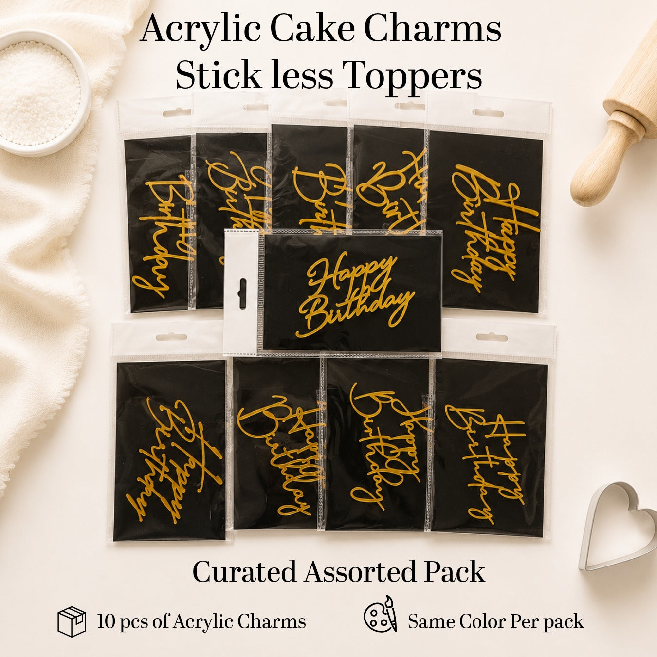 Assorted Happy Birthday Acrylic Cake Charm | Stickless Cake Topper - Pack of 10 pcs