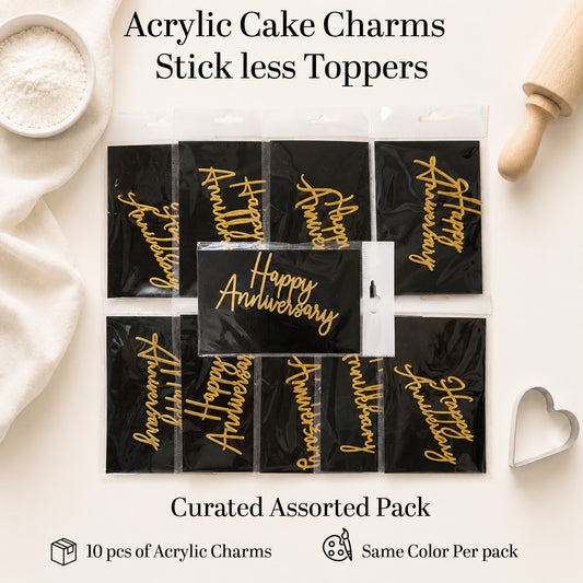 Assorted Happy Anniversary Acrylic Cake Charm | Stickless Cake Topper - Pack of 10 pcs