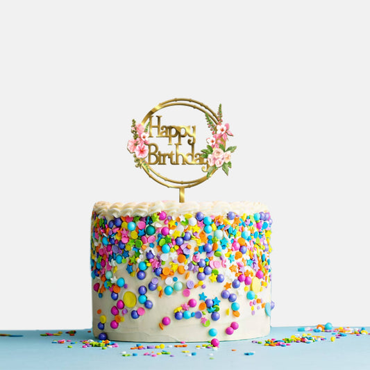 Happy Birthday Acrylic Cake Topper Frame Floral, Size - Medium SKU-TR10470