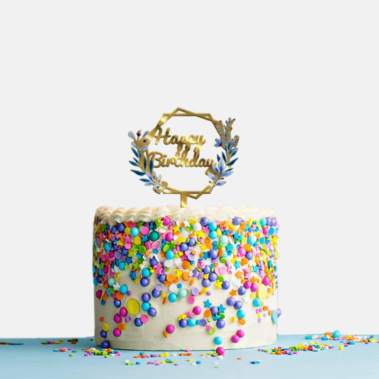 Happy Birthday Acrylic Cake Topper Frame Floral, Size - Medium, SKU-TR10487