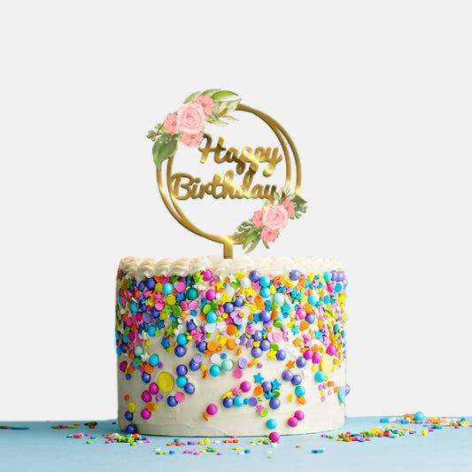 Happy Birthday Acrylic Cake Topper Frame Floral, Size - Medium, SKU-TR10488
