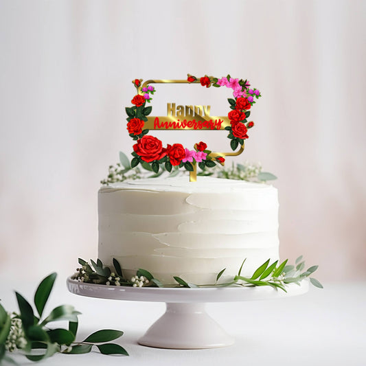 Happy Anniversary Acrylic Cake Topper Frame Floral, Size - Medium, SKU-TR10490