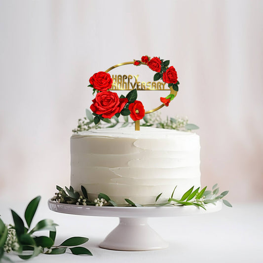 Happy Anniversary Acrylic Cake Topper Frame Floral, Size - Medium, SKU-TR10491