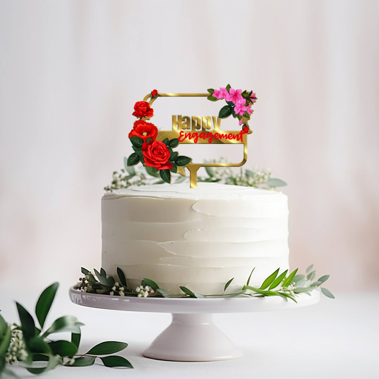 Happy Engagement Acrylic Cake Topper Frame Floral, Size - Medium, SKU-TR10492