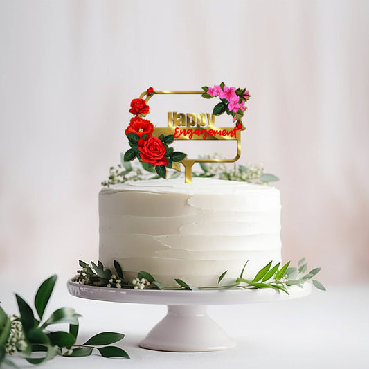 Happy Engagement Acrylic Cake Topper Frame Floral, Size - Medium, SKU-TR10492