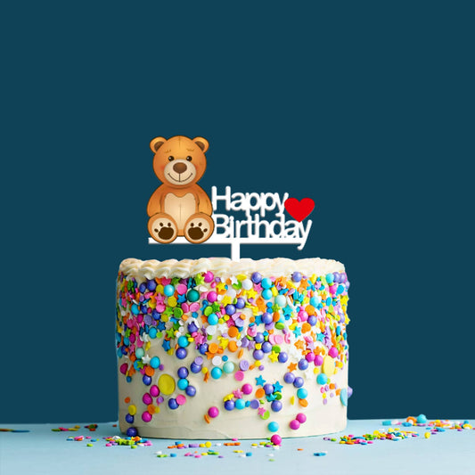 Happy Birthday Acrylic Cake Topper Teddy Bear, Size - Medium, SKU-TR10508