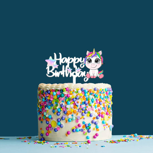 Happy Birthday Acrylic Cake Topper Unicorn Stars, Size - Medium, SKU-TR10509