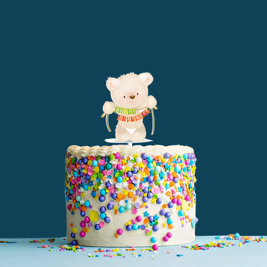 Happy Birthday Acrylic Cake Topper Teddy Bear, Size - Medium, SKU-TR10510