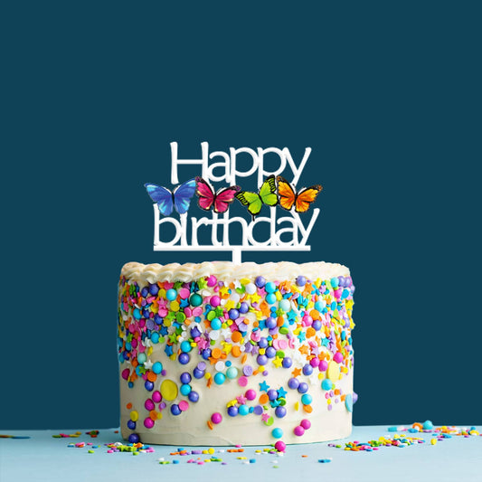 Happy Birthday Acrylic Cake Topper Butterflies, Size - Medium, SKU-TR10511