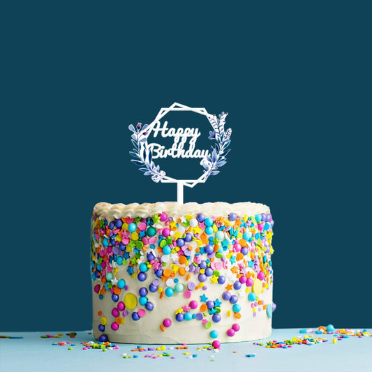 Happy Birthday Acrylic Cake Topper Frame Floral, Size - Medium, SKU-TR10512
