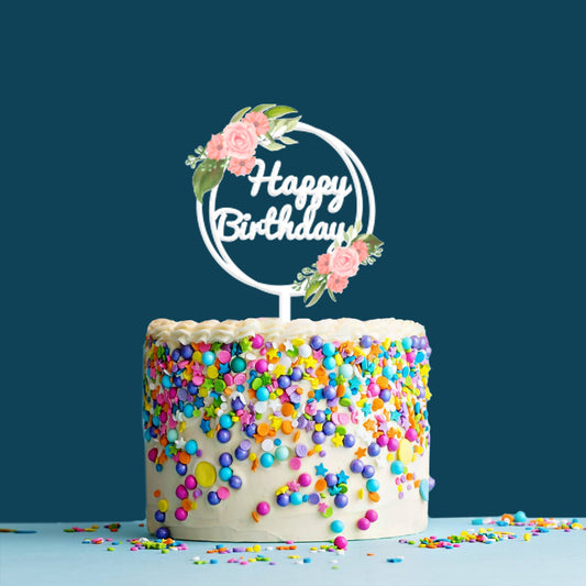 Happy Birthday Acrylic Cake Topper Frame Floral, Size - Medium, SKU-TR10513