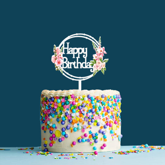 Happy Birthday Acrylic Cake Topper Frame Floral, Size - Medium, SKU-TR10514
