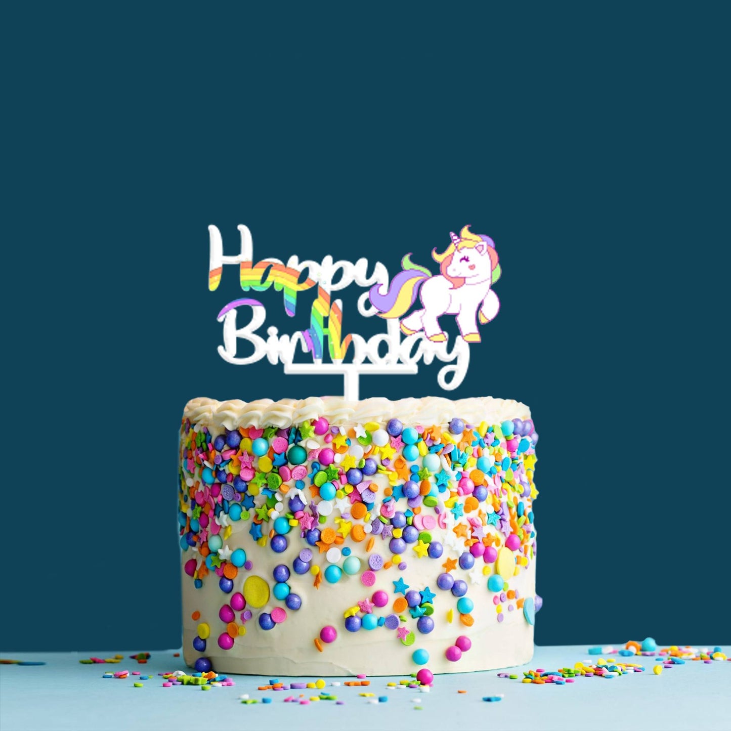 Happy Birthday Acrylic Cake Topper Unicorn Rainbow, Size - Medium, SKU-TR10519