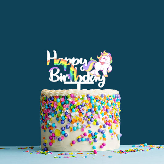 Happy Birthday Acrylic Cake Topper Unicorn Rainbow, Size - Medium, SKU-TR10519