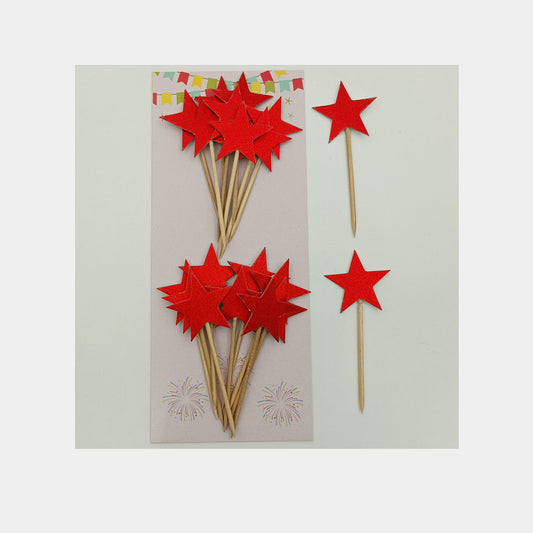 Star Shape Cake Toppers Insert Cards with Toothpick Cupcake Decorations - Red Glitter