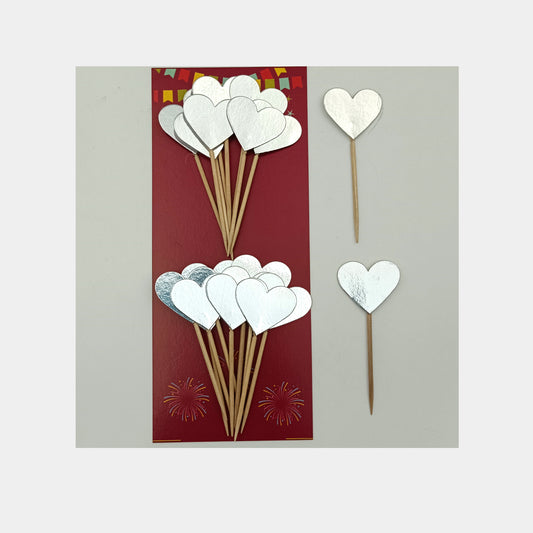 Heart Shape Cake Toppers Insert Cards with Toothpick Cupcake Decorations - Silver Glossy