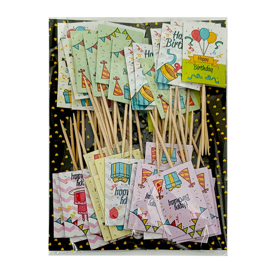 Paper Tags with Toothpick – 50 Pcs | Cake & Cupcake Inserts - Happy Birthday TR11341