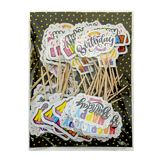 Paper Tags with Toothpick – 50 Pcs | Cake & Cupcake Inserts - Happy Birthday TR11342