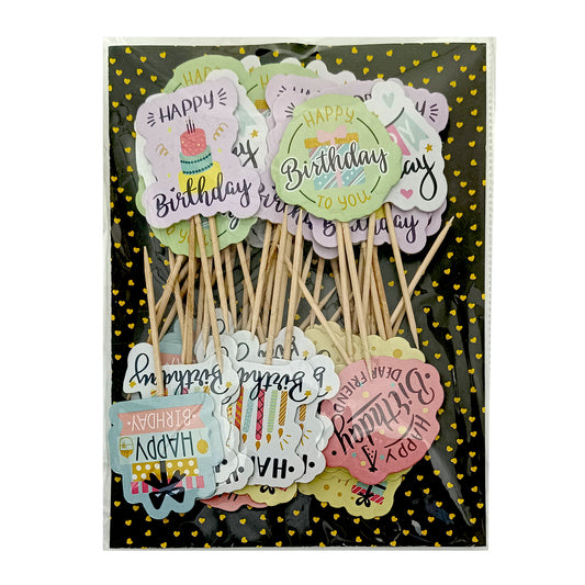 Paper Tags with Toothpick – 50 Pcs | Cake & Cupcake Inserts - Happy Birthday TR11343