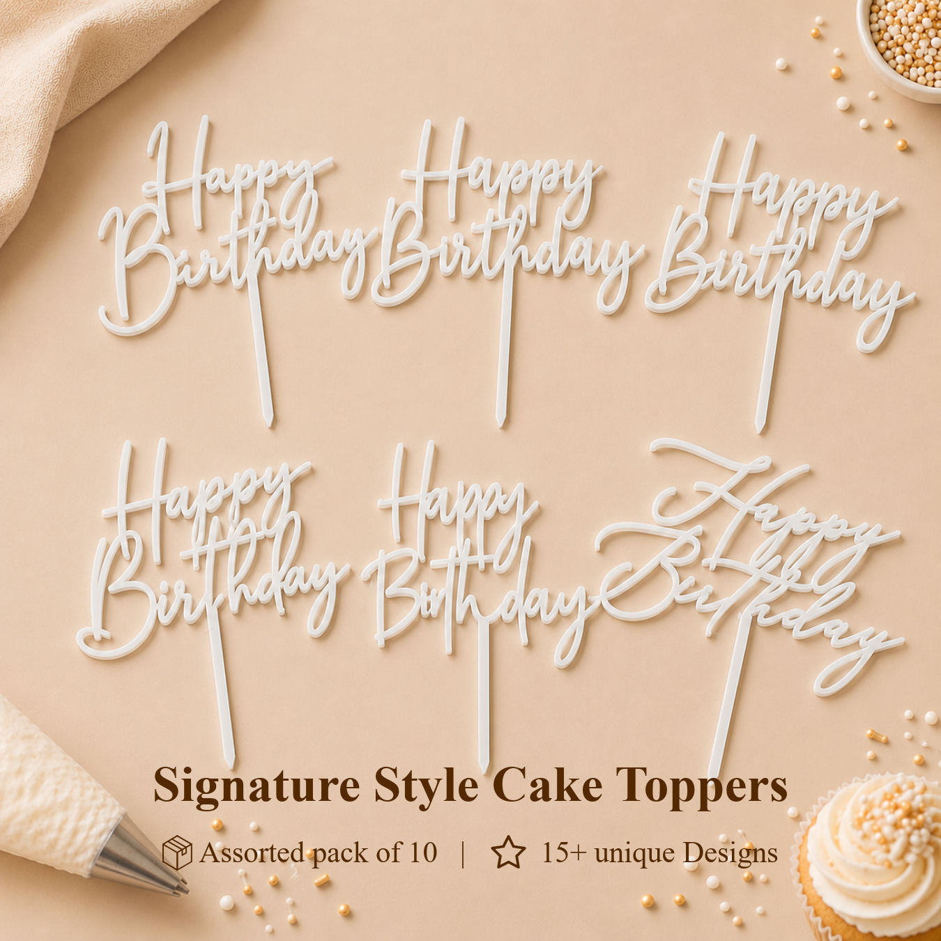 Signature Style Birthday Acrylic Cake Toppers – Medium (4 Inch) Assorted Pack of 10