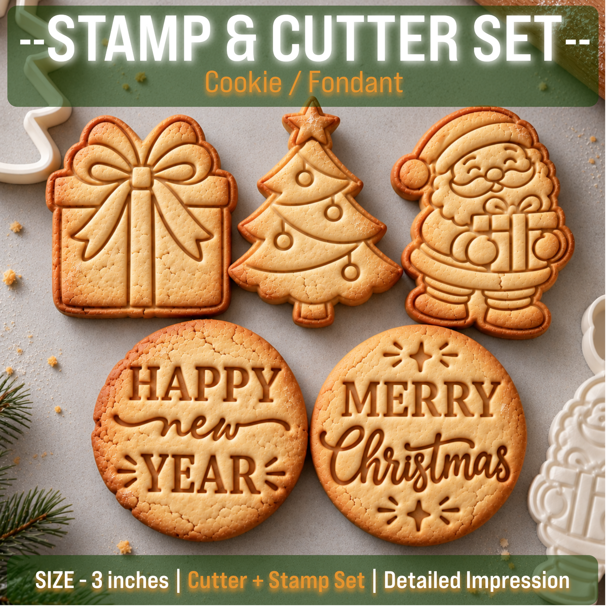 Christmas New Year Cookie/Fondant Stamp & Cutter Set of 5 Designs | Size - 3 inch