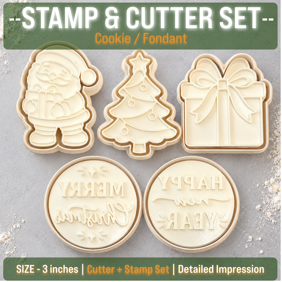 Christmas New Year Cookie/Fondant Stamp & Cutter Set of 5 Designs | Size - 3 inch