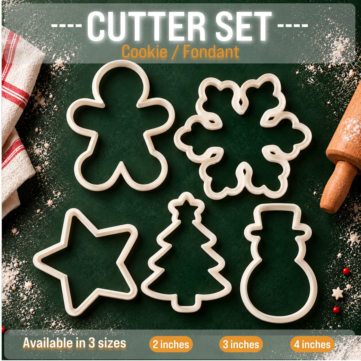 Christmas New Year Cookie/Fondant Cutter Set of 5 Designs | Available Sizes 2 inch, 3 inch & 4 inch